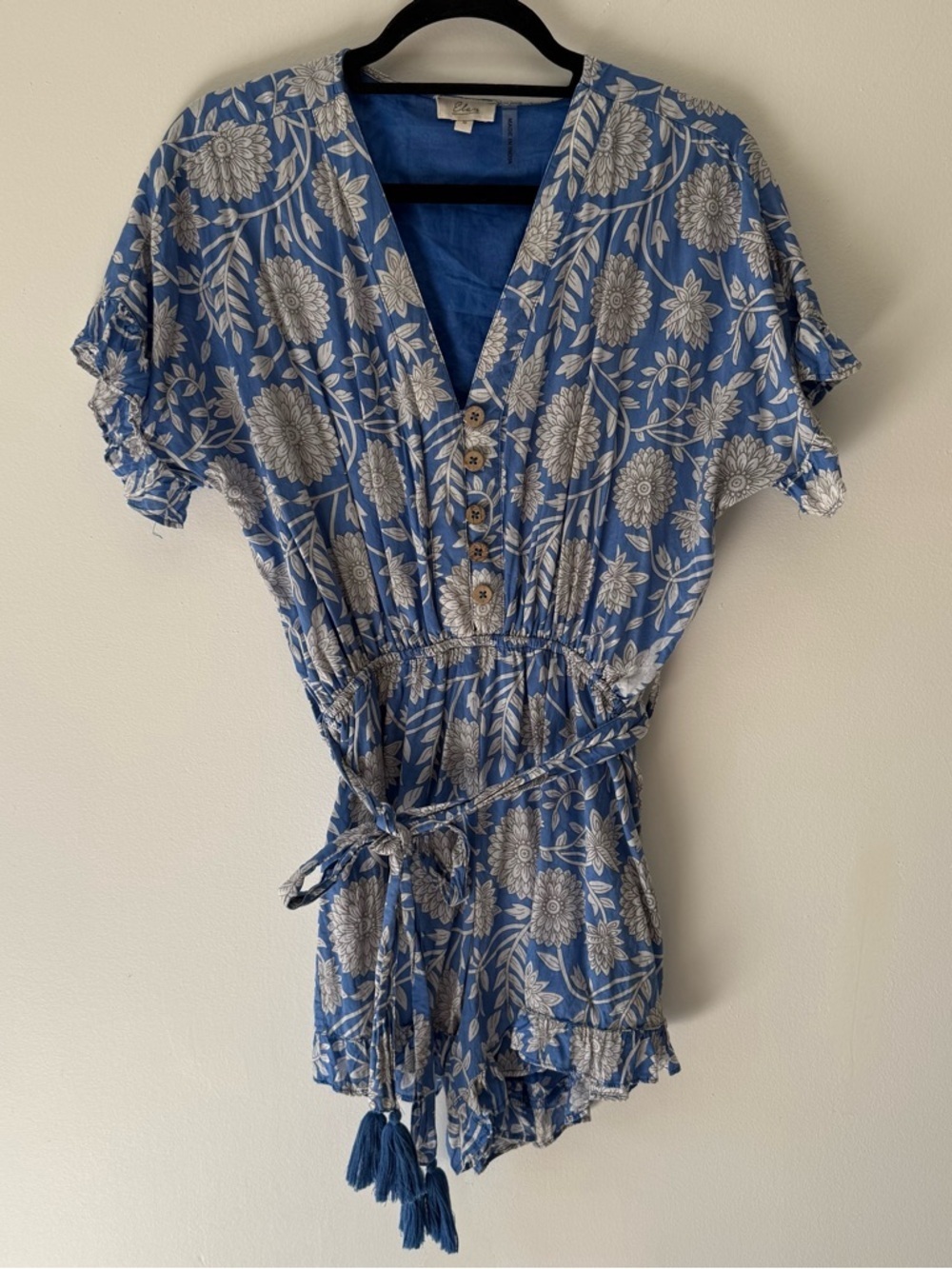 Elan Blue Floral Romper Tassel Tie Waist Boho V-Neck Size Small